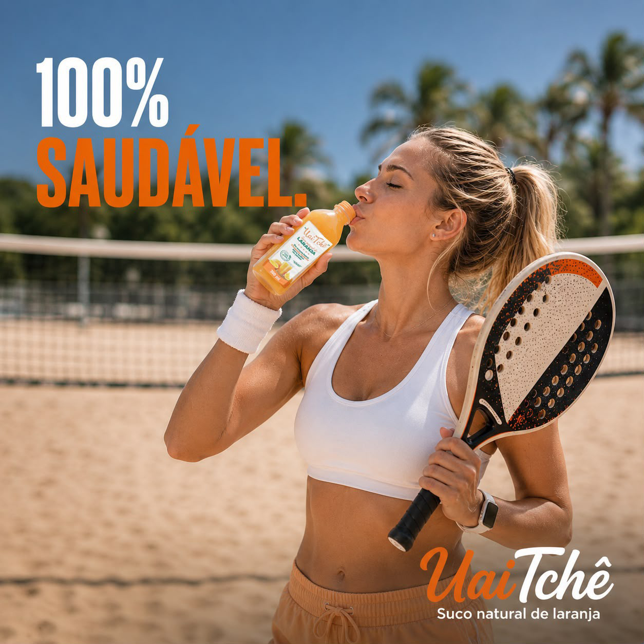 Mulher tomando suco Uai Tchê após atividade física
